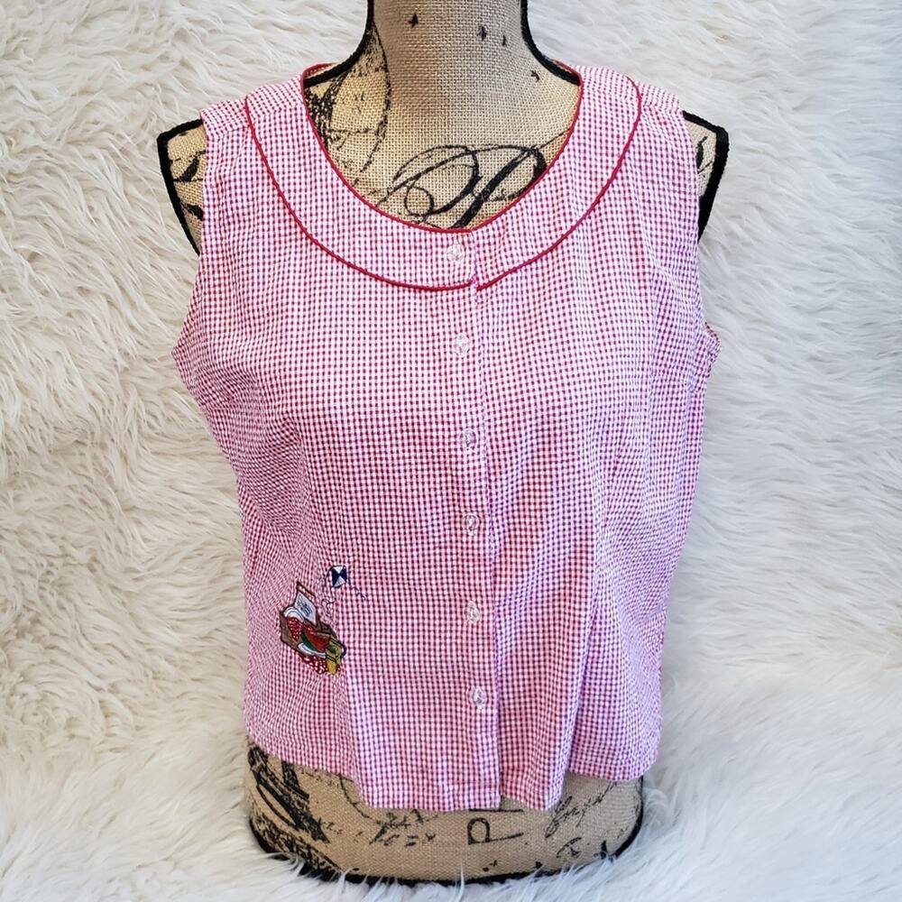 Retro vintage red gingham picnic embroidered top